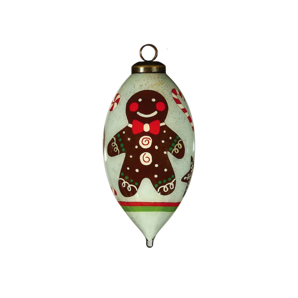 Festive Glitter Gingerbread Man Hand Painted Mouth Blown Glass Ornament - 5" x 2.5" x 2.5"