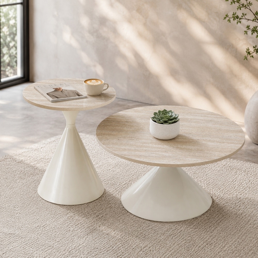2-piece coffee round table set, travertine patterned tabletop with steel base