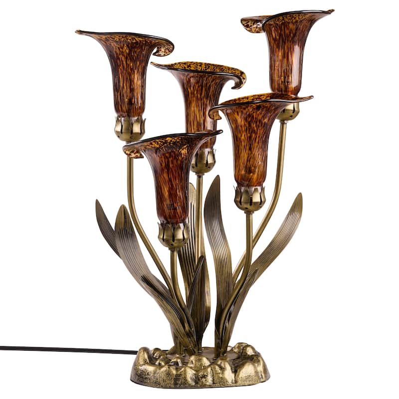 20-inch Antique Brass and Hand Blown Glass 5 Calla Lily Uplight Accent Lamp - 15" x 14" x 20"