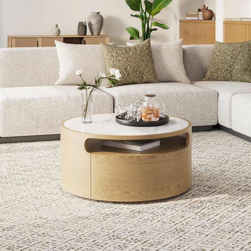 31.5" Modern Light Wood Round Coffee Table, with 2 Drawers, Solid Wood Texture, Fully Assembled