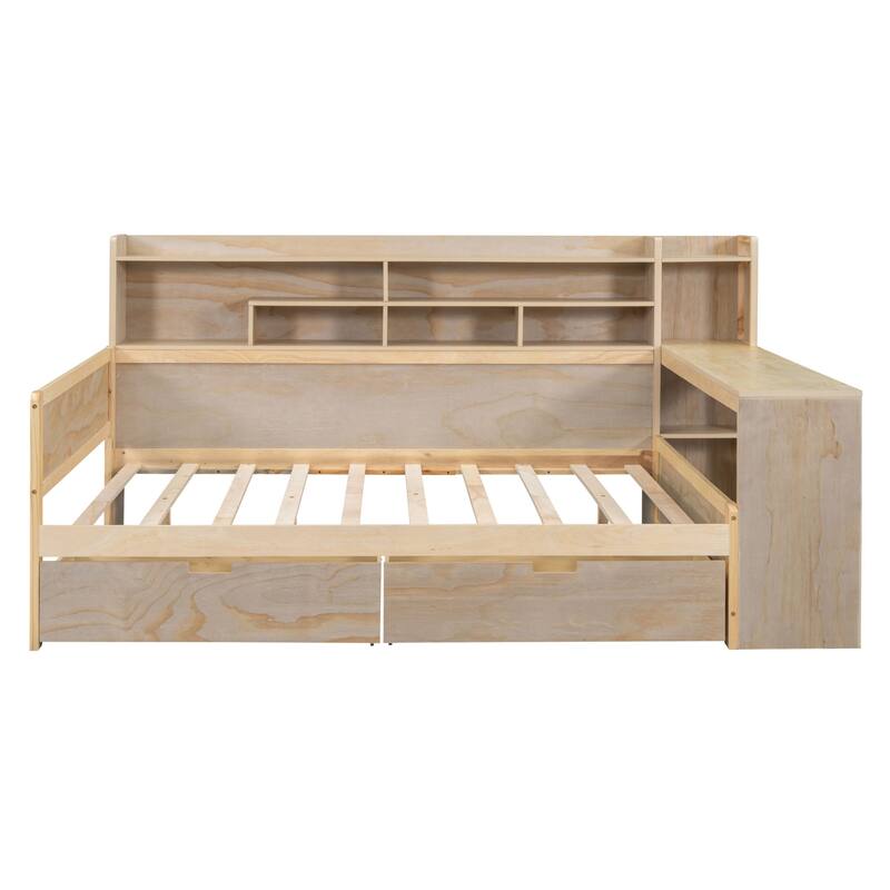 Wooden sofa bed with two storage drawers and desk