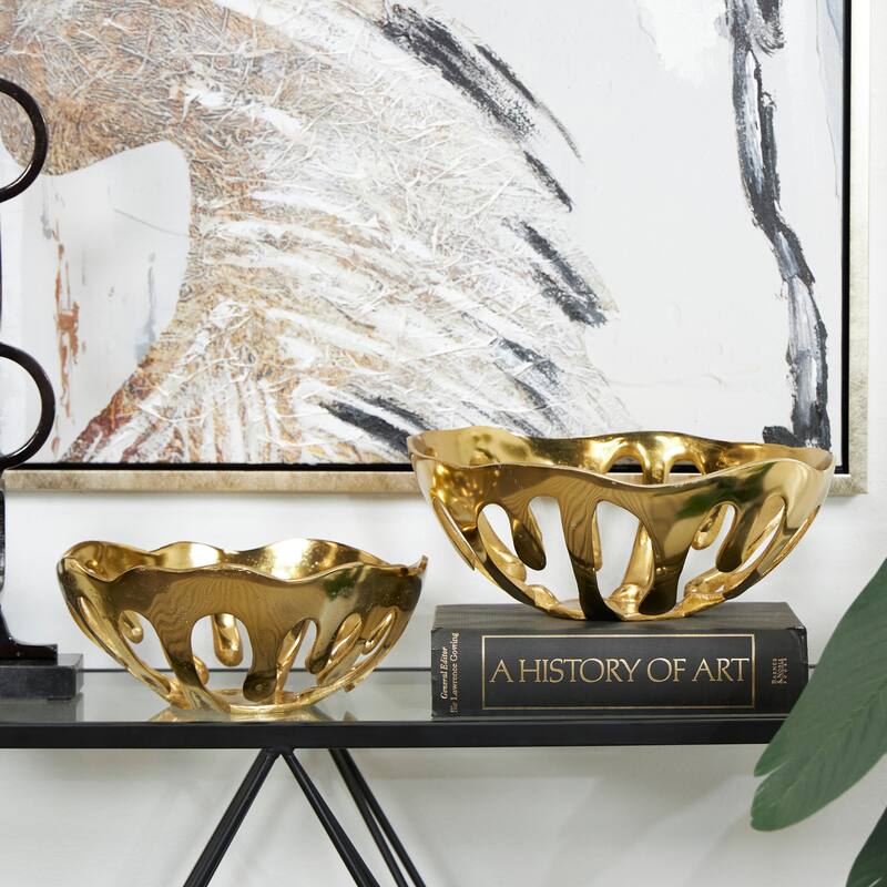 Aluminum Metal Drip Decorative Bowl with Open Frame Design - Set of 2 Gold, Silver or Black - Roche River Decor