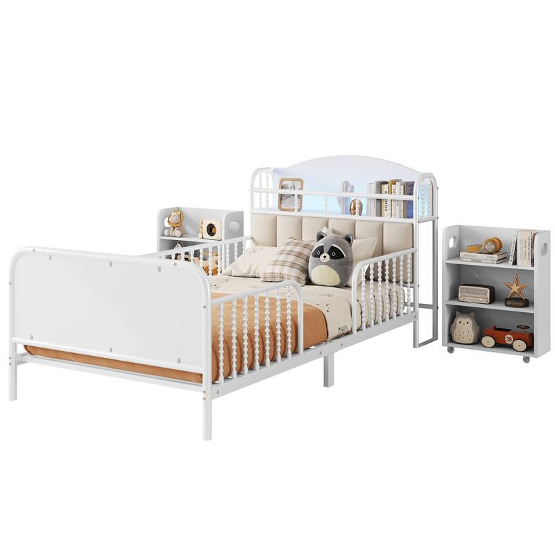 Kids Platform Bed Metal Frame with Linen Fabric Upholstered Storage Headboard Built-in Light Strip, Both Sides Rails