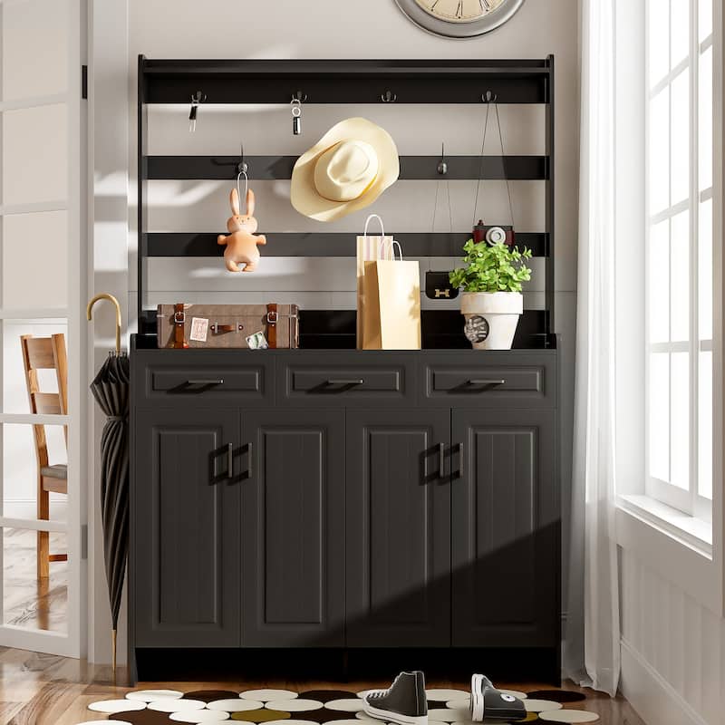 Roomfitters 51.2" Shoe Cabinet with Coat Rack, 4 Doors, 3 Drawers, 8 Shelves, Storage Organizer - Black