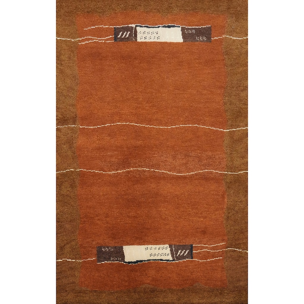 Hand Knotted Oriental 100% Wool Carpet Modern Bordered Oranges & Rust Gabbeh Area Rug - 6' 7'' X 4' 8''