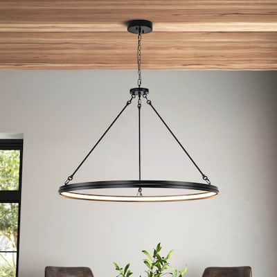 38.1" Modern Black/Gold Integrated LED Large Wagon Wheel Chandelier