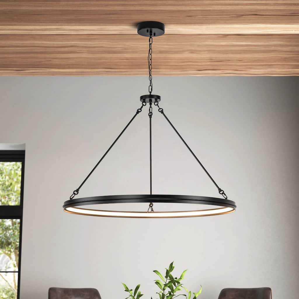 38.1" Modern Black/Gold Integrated LED Large Wagon Wheel Chandelier