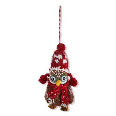 Owl with Hat and Scarf Christmas Ornament Multicolor Wool 5in H x 2in L x 1.5in W Wipe Clean Tree Decor
