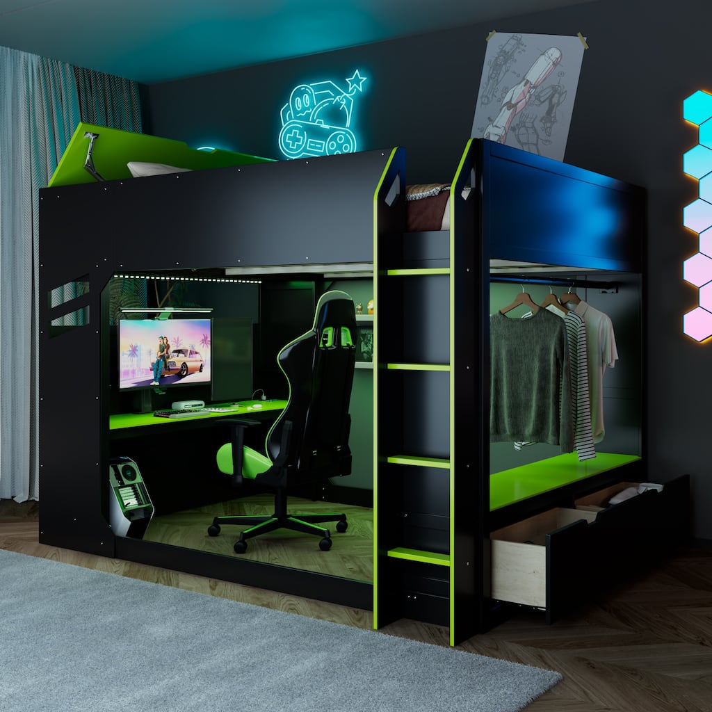 Full Size Wood Loft Bed with Height-adjustable Desk, Drawers,Storage Compartments, Hanging Rod and RGB Lights