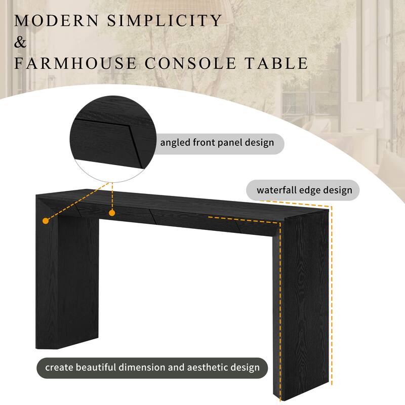60"Modern Farmhouse Console Table with 2 Concealed Drawers,Waterfall Design Entryway Table with Thickened Legs&Rustic Wood Grain
