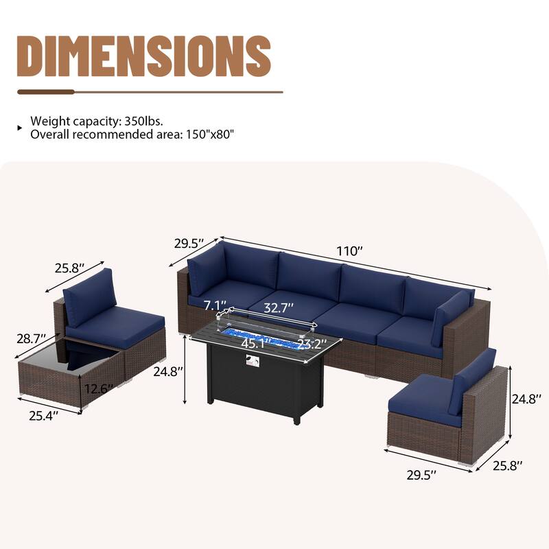 Outdoor Wicker Sectional Sofa 8-Piece Set with Fire Pit Table