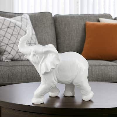Capriz Tabletop Accent Decor, Elephant Raised Trunk, White Ceramic