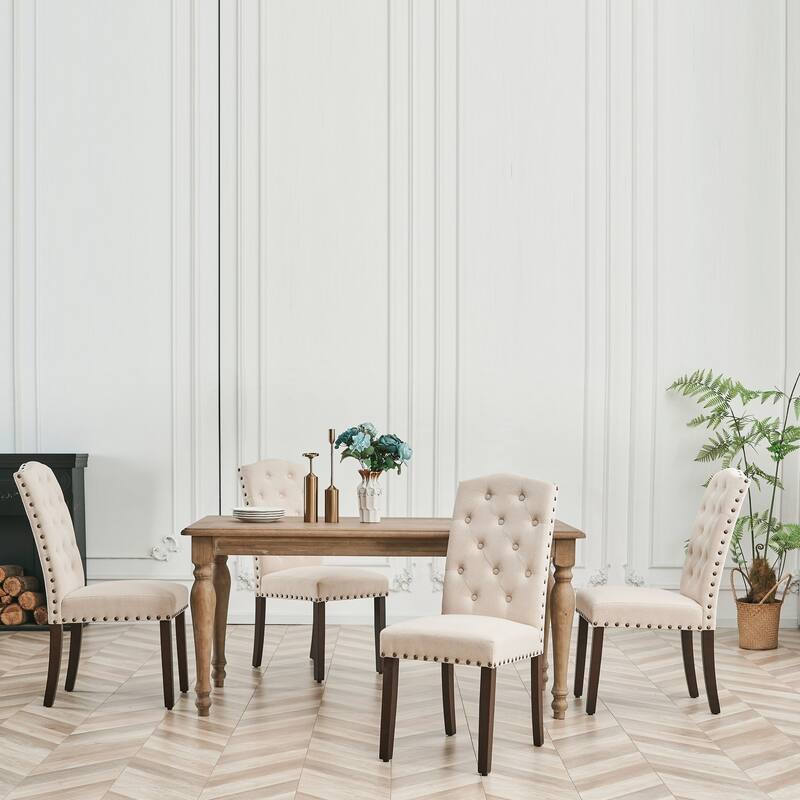 Fabric Upholstered Tufted High Back Dining Chairs with Nailhead Trim - Set of 4 - Beige
