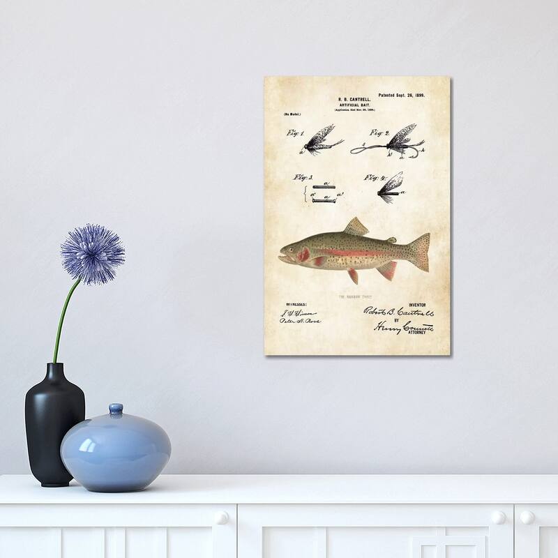 iCanvas "Rainbow Trout Fishing Lure" by Patent77 Canvas Print - 18x12x1.5