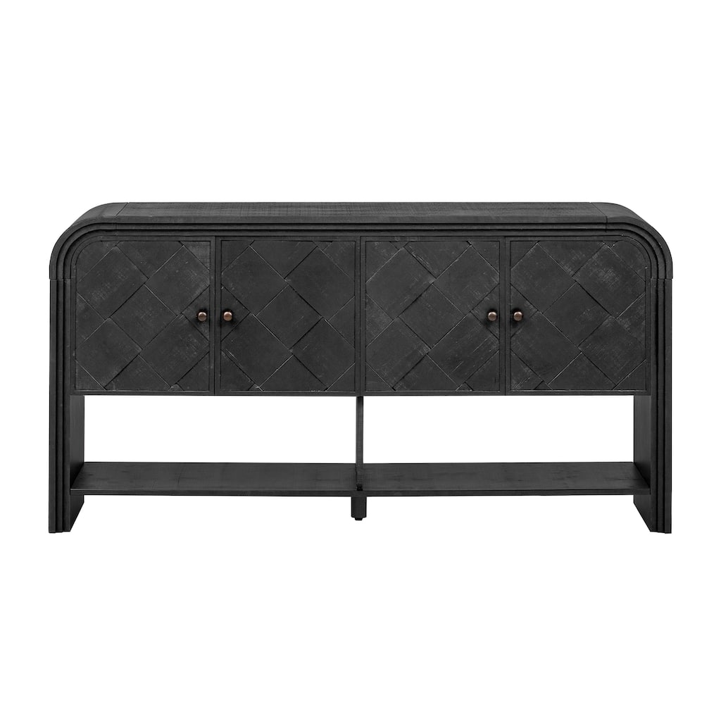Versatile Console Table with Woven Wood Slats, Solid Wood 59.8" Storage Entryway Table with 4 Doors and Open Shelf