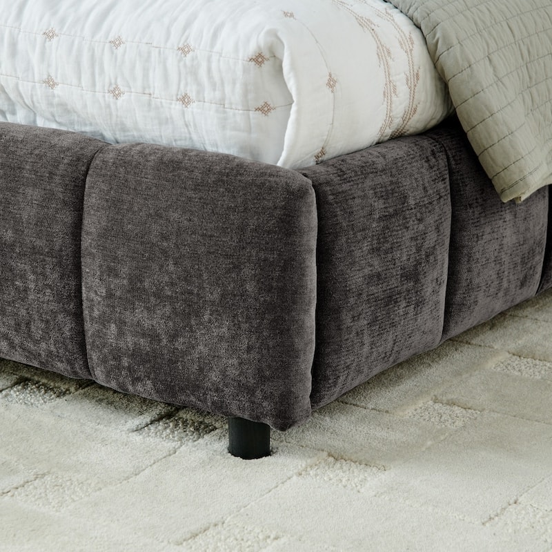 King Size Chenille Fabric Upholstered Bed with Headboard and Drawer for Storage