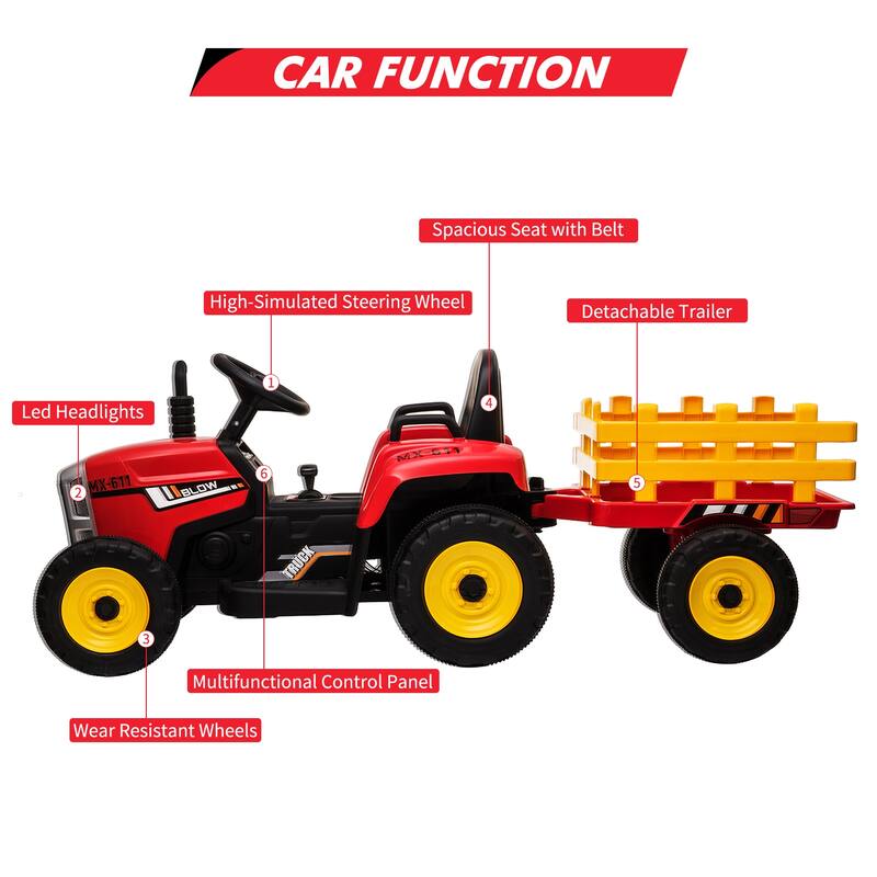 12V Kids Electric Tractor w/Remote Control Treaded Tires,Battery Powered Ride On Tractor with Trailer & 2+1-Gear-Shift
