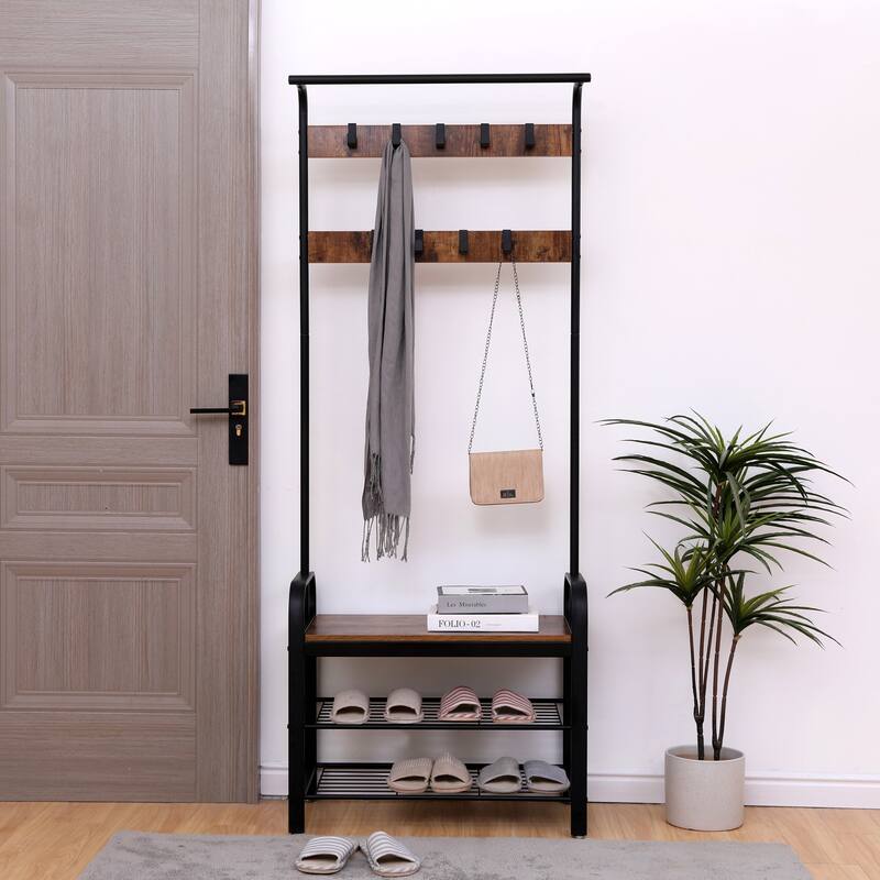 4-in-1 Hall Tree with Shoe Bench, Hanging Rod, and 9 Hooks 72.8"