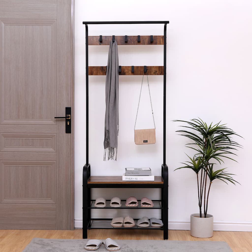 4-in-1 Hall Tree with Shoe Bench, Hanging Rod, and 9 Hooks 72.8"