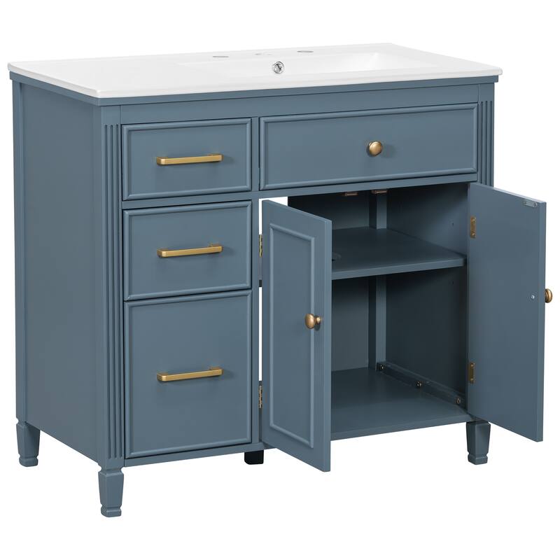36" Bathroom Vanity with Ceramic Sink, Tip-Out Drawer & 3 Side Drawers, Adjustable Shelf Storage Cabinet
