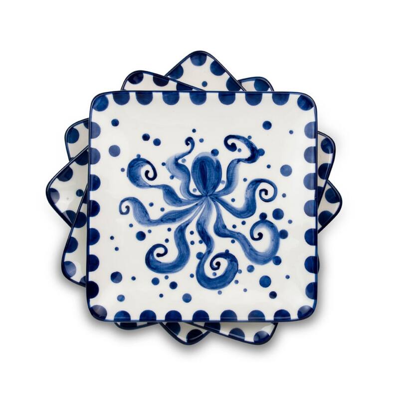 Euro Ceramica Octopus 4 Piece Canape Plates Set - 7.28" x 7.28" - 4 Piece
