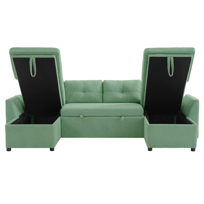 Teddy Fabric Sectional Sofa Convertible Sleeper Sofa Modern U-Shaped Couch Dual Storage Chaise Lounge with Pockets and USB Ports