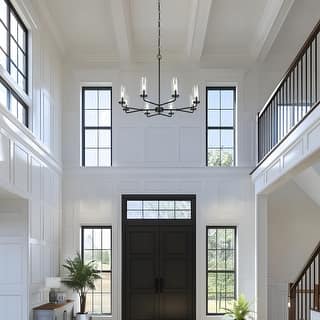 Modern Farmhouse 8-Light Black Wheel Chandelier with Glass Shade for Dining Living Room - D 31.5" x H 24"