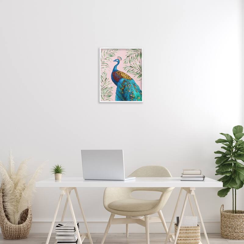 Stupell Elegant Peacock & Palm Sprigs Framed Giclee Art Design By Nan