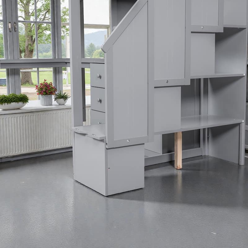 Twin Loft Bed with L Shaped Desk, Storage Stairs, Drawers and Cabinet, Space Saving Wood Loft Bed