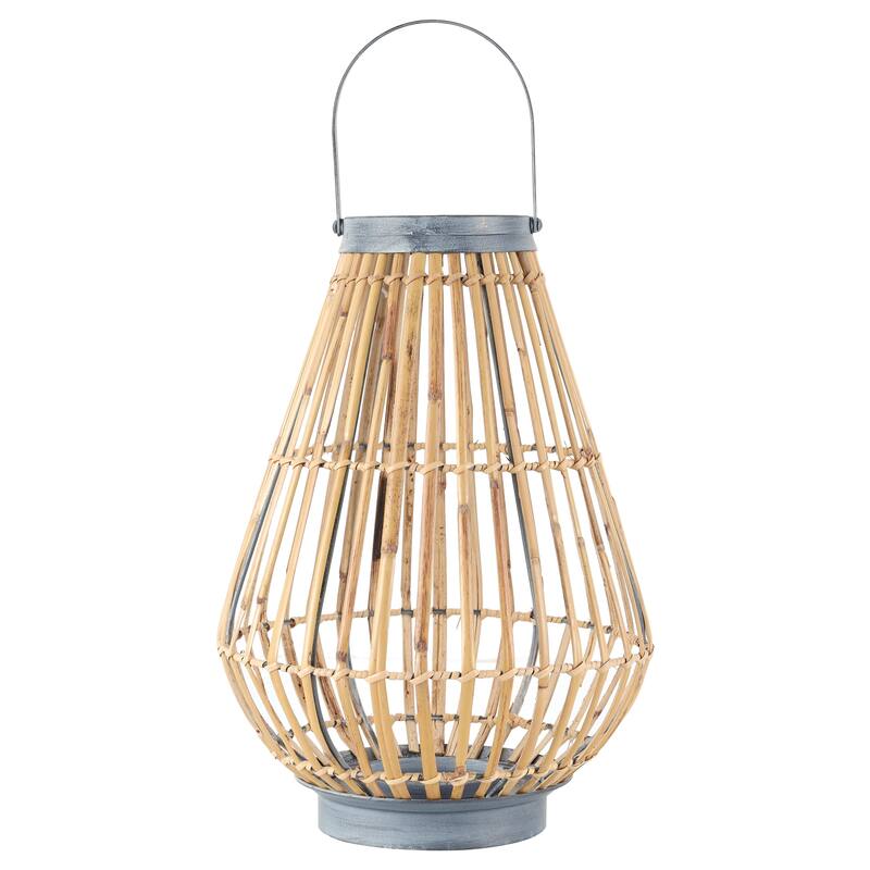 Brown Bamboo Wood Handmade Open Framed Indoor Outdoor Candle Lantern with Blue Metal Accents and Handle