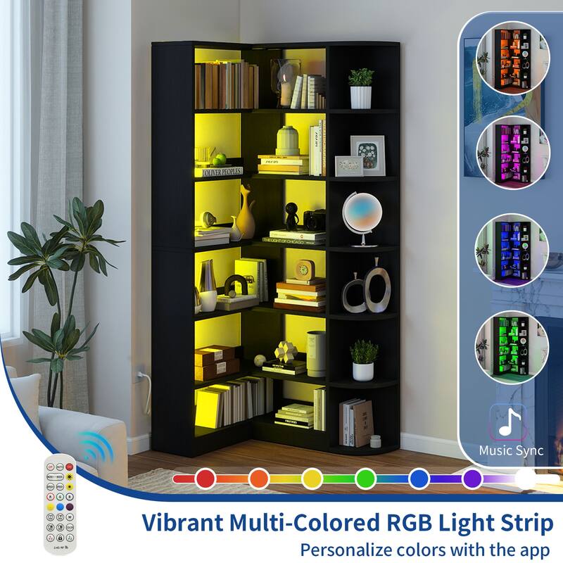 Moasis 70" Tall 6-Tier LED Corner Bookshelf L-Shaped Bookcase with Shelves for Living Room