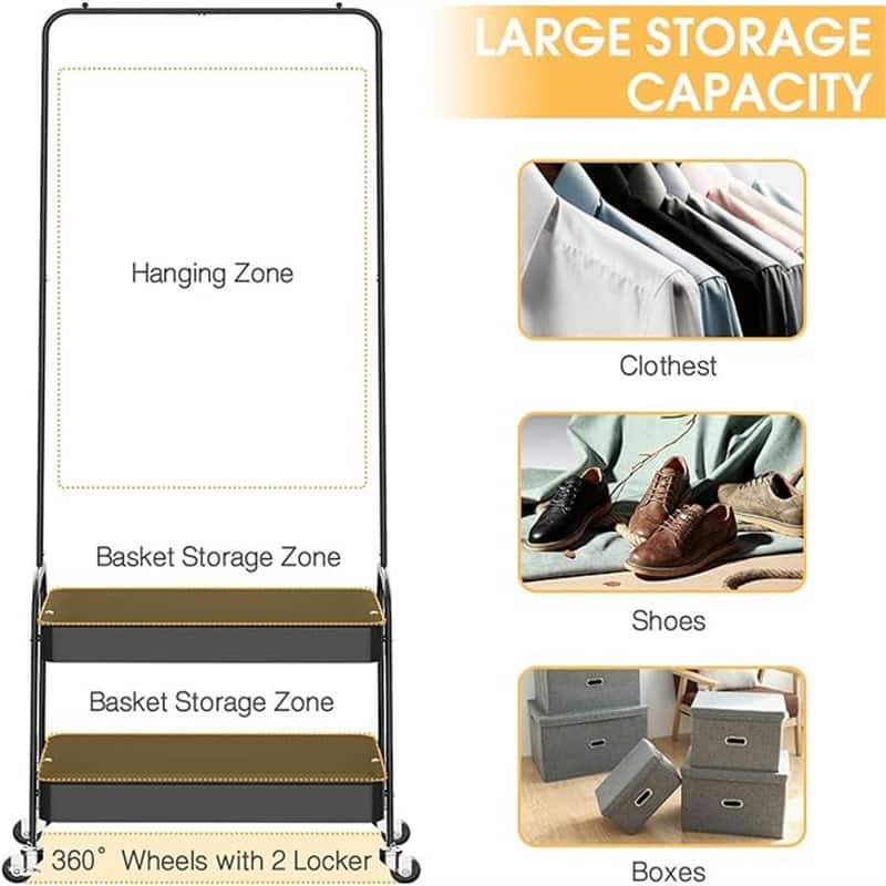 Clothing Rack with 2 Tier Metal Basket, - 12.2"D x 20.6"W x 60.2"H