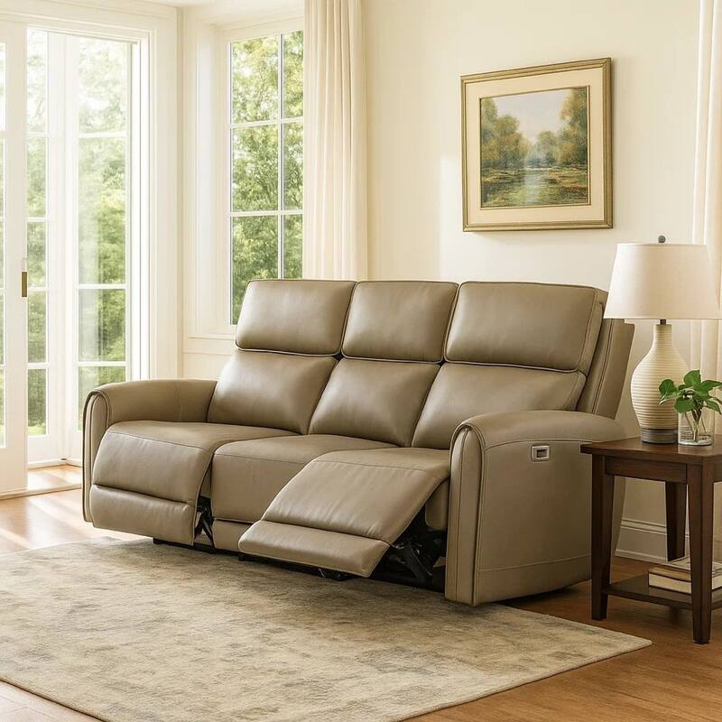 Sily Power Reclining Sofa, Beige Faux Leather, 81 Inch, USB Ports