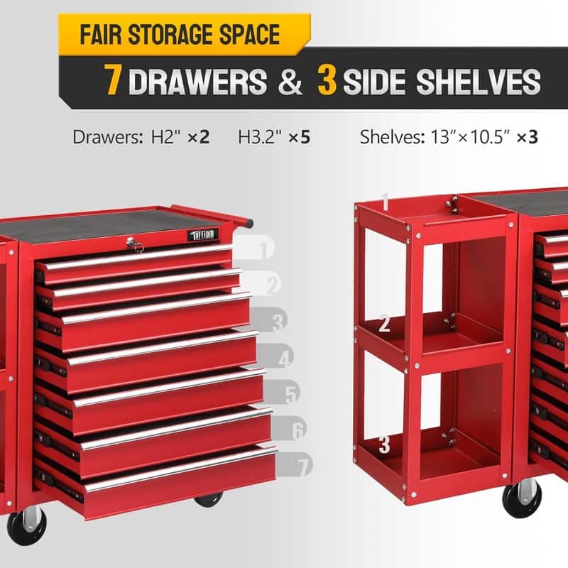 7-Drawer Rolling Tool Chest Tool Storage Side Cabinet with Side Shelves Wheels