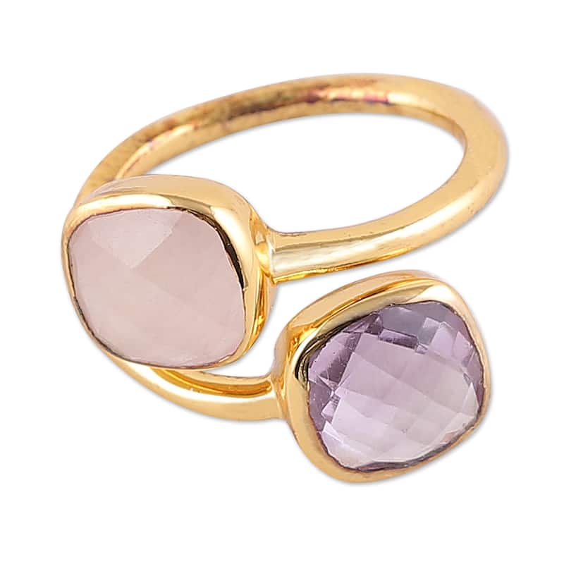 Novica Handmade Duet Of Emotions Gold-Plated Amethyst And Rose Quartz Wrap Ring