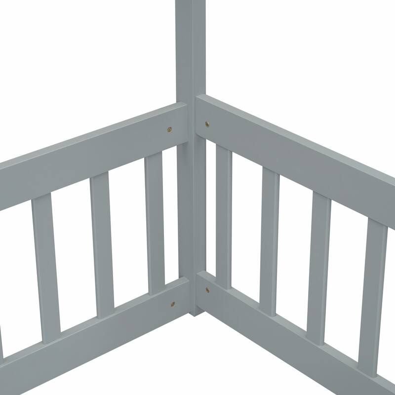 Double Twin House-Style Floor Bed with Fence and Guardrails, No Door