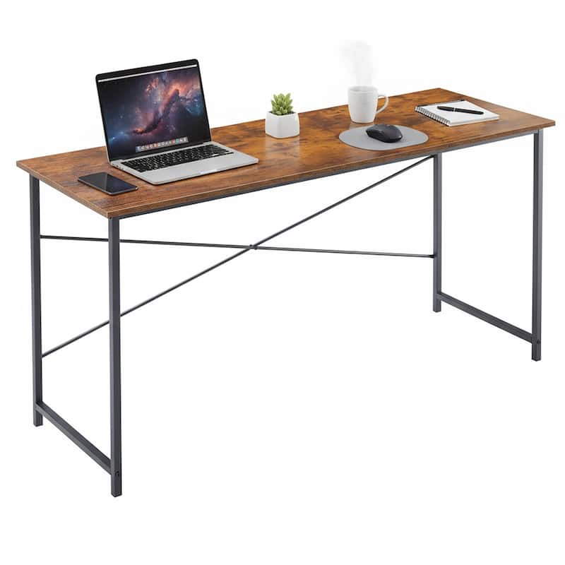 Computer Desk, 40-63 Inch Home Office Desk, Gaming Writing Work from Home Study Desk, Large Legroom, Sturdy Metal Frame - 55 inch - Brown