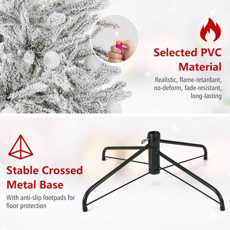 Gymax 6/7/8 FT Snow-flocked Artificial Christmas Tree w/51/65/81 - Green+White