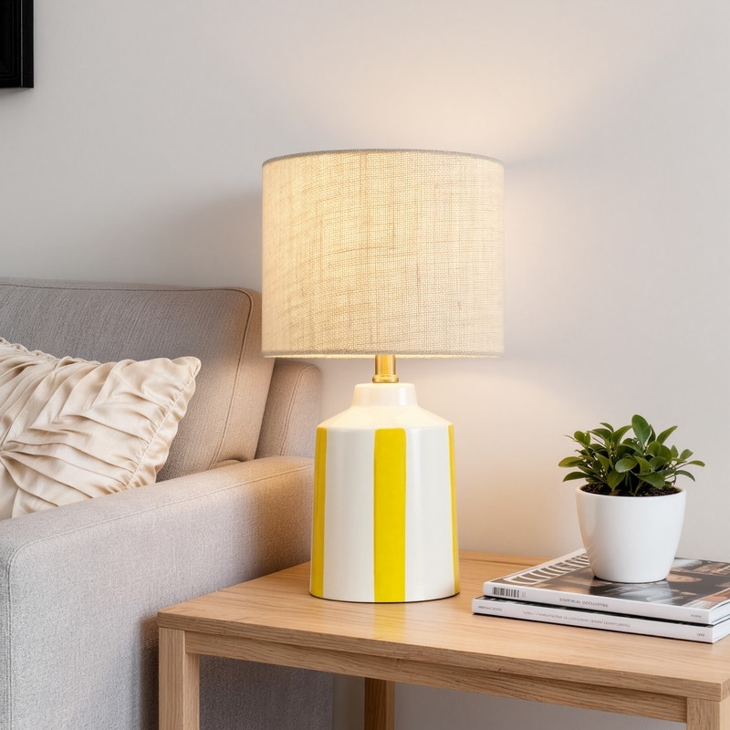 KAWOTI Modern White with Yellow Stripe Ceramic Table Lamp