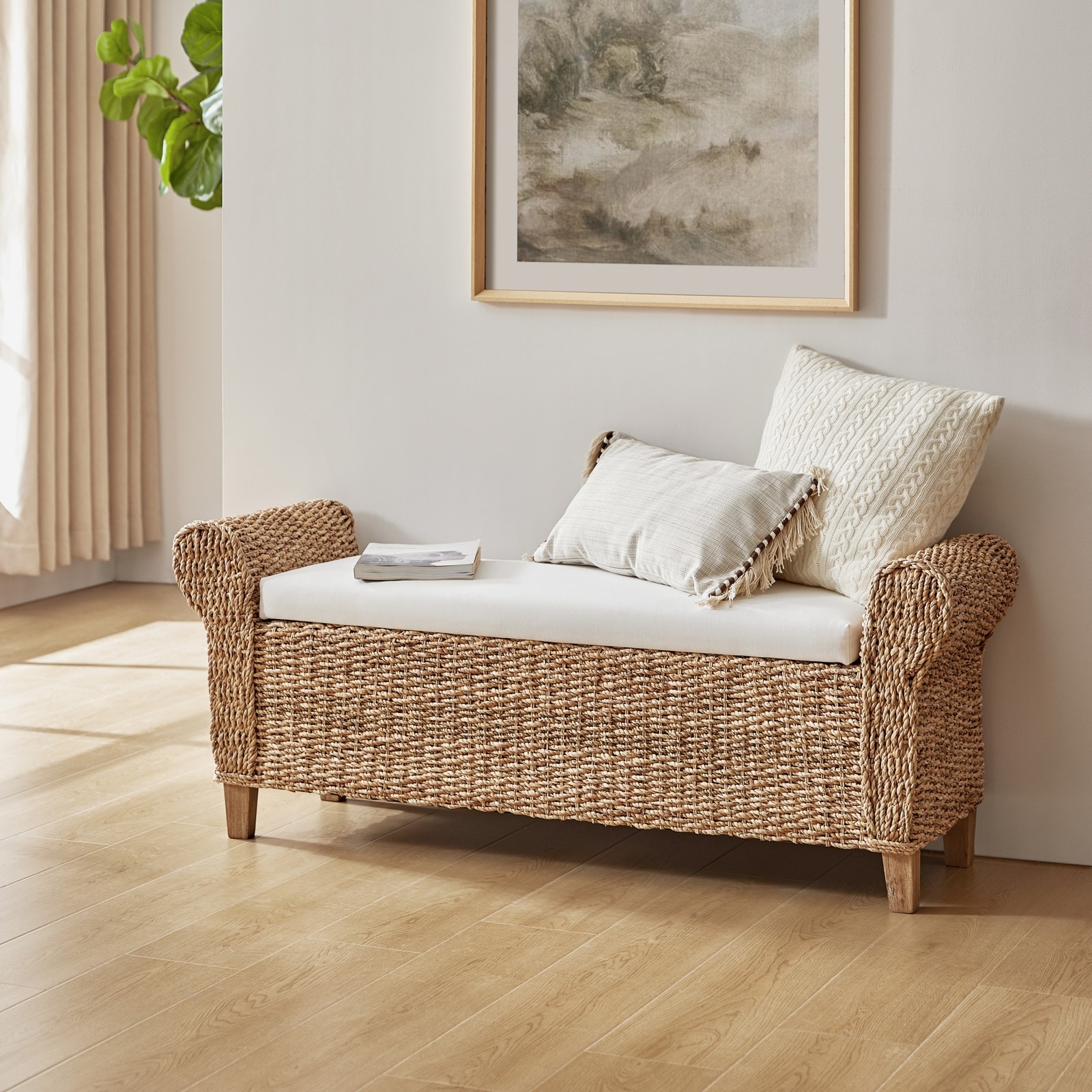 HULALA HOME Bab Boho Farmhouse Ratten Storage Bench with Hollow-Carved Designs