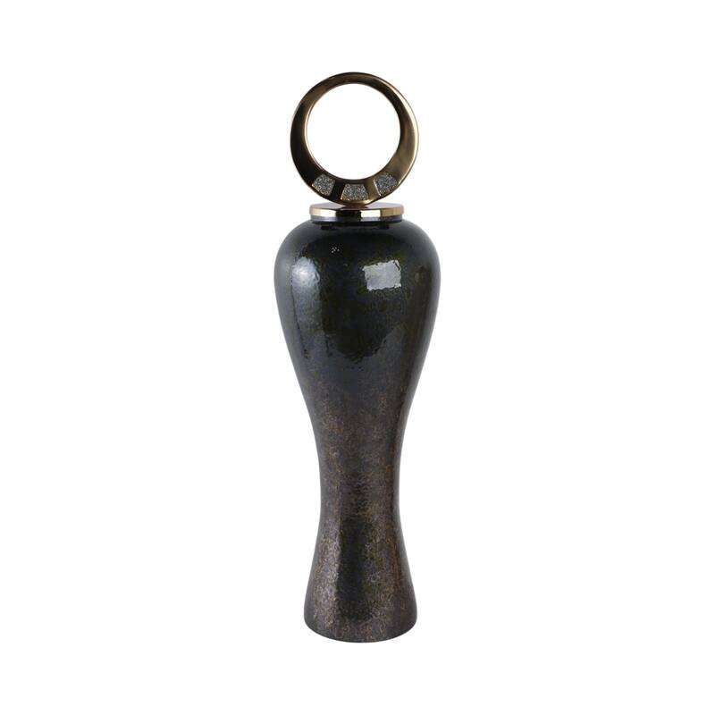 Glass Vase with Modern Sculptural Metal Brass Accent and Stone Detail