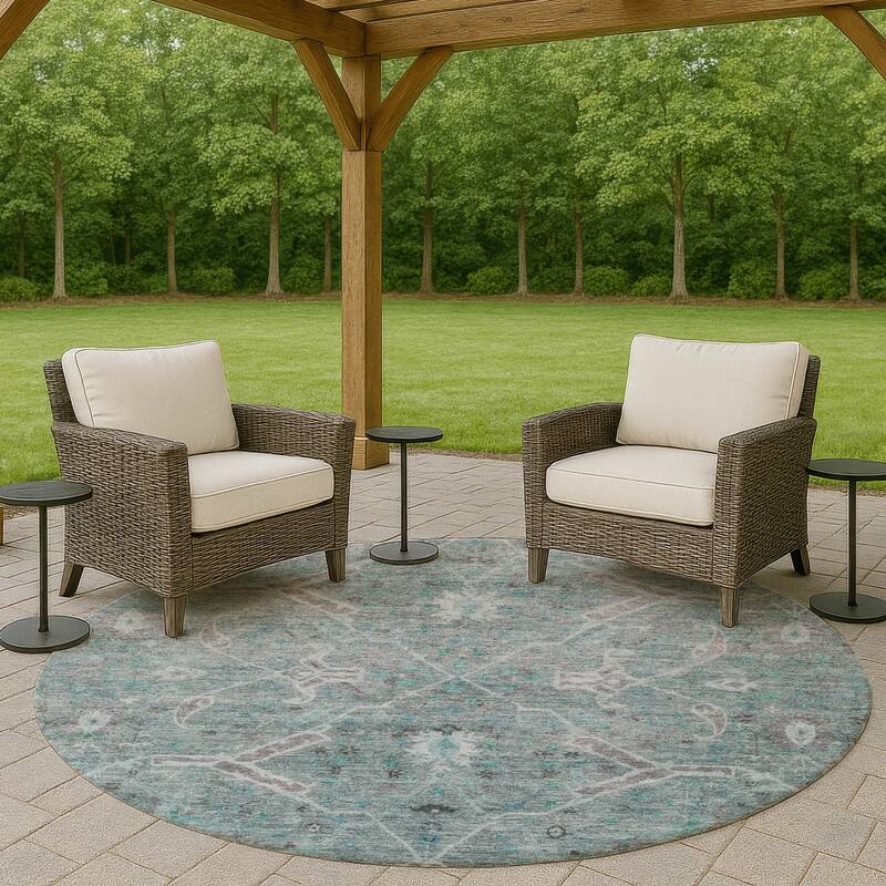 Machine Washable Indoor/ Outdoor Vintage Traditional Chantille Rug - Teal - 8' x 8'