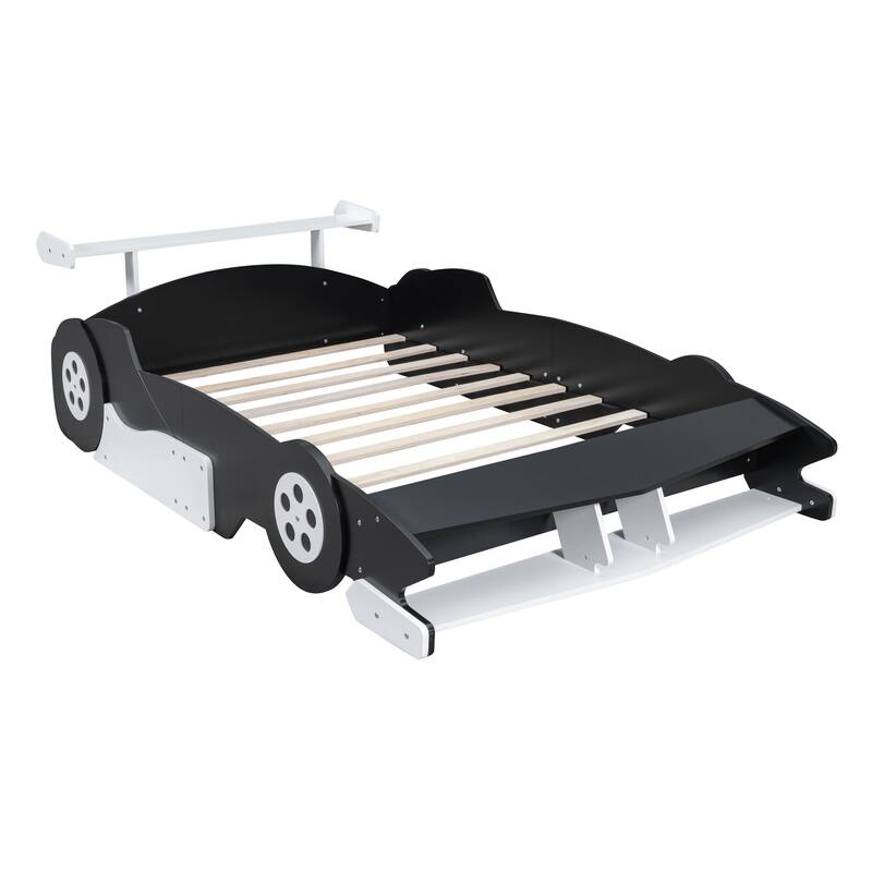 Sleek Full Size Black Race Car Bed with Functional Wheels and Safety Rails