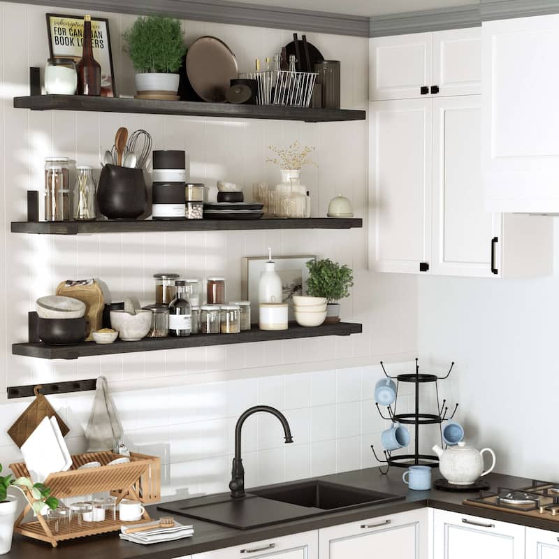 Wallniture Forte Wood Board 60" Long, 9.25'' Deep, 1.5" Thick, Floating Wall Shelf, Hanging Bookshelf, Kitchen, Ebony, 1Pc - Ebony