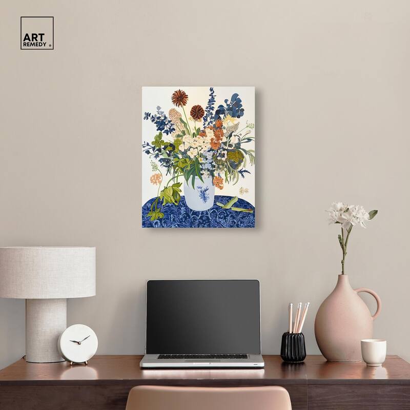 Dahlia Dream in Delft Blue Canvas by Art Remedy, Gallery Wrapped