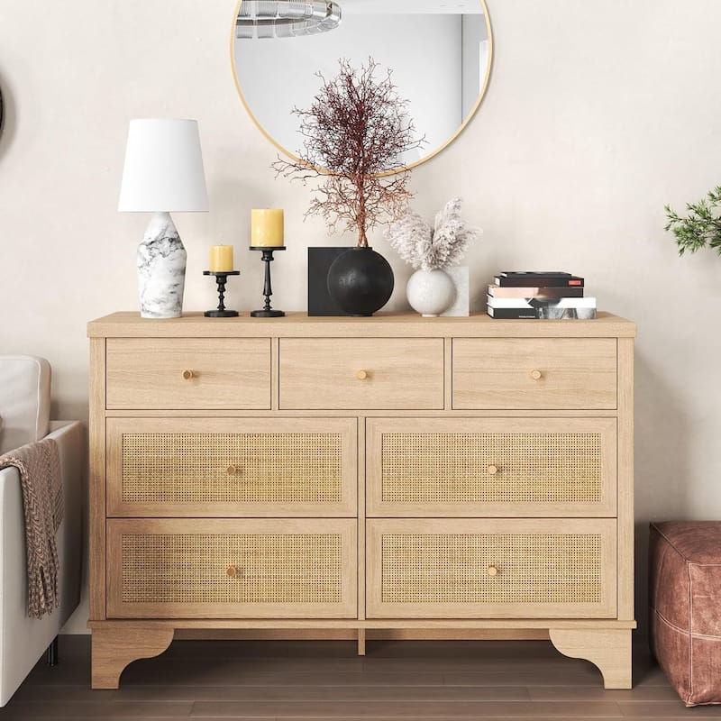 47.3" Wide Rattan 7 Drawer Dresser Storage Organizer for Bedroom - Almond