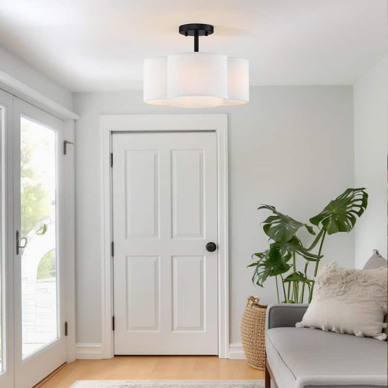 4-Light Black Semi-Flush Mount Light with White Scallop Shade - 14 in. W