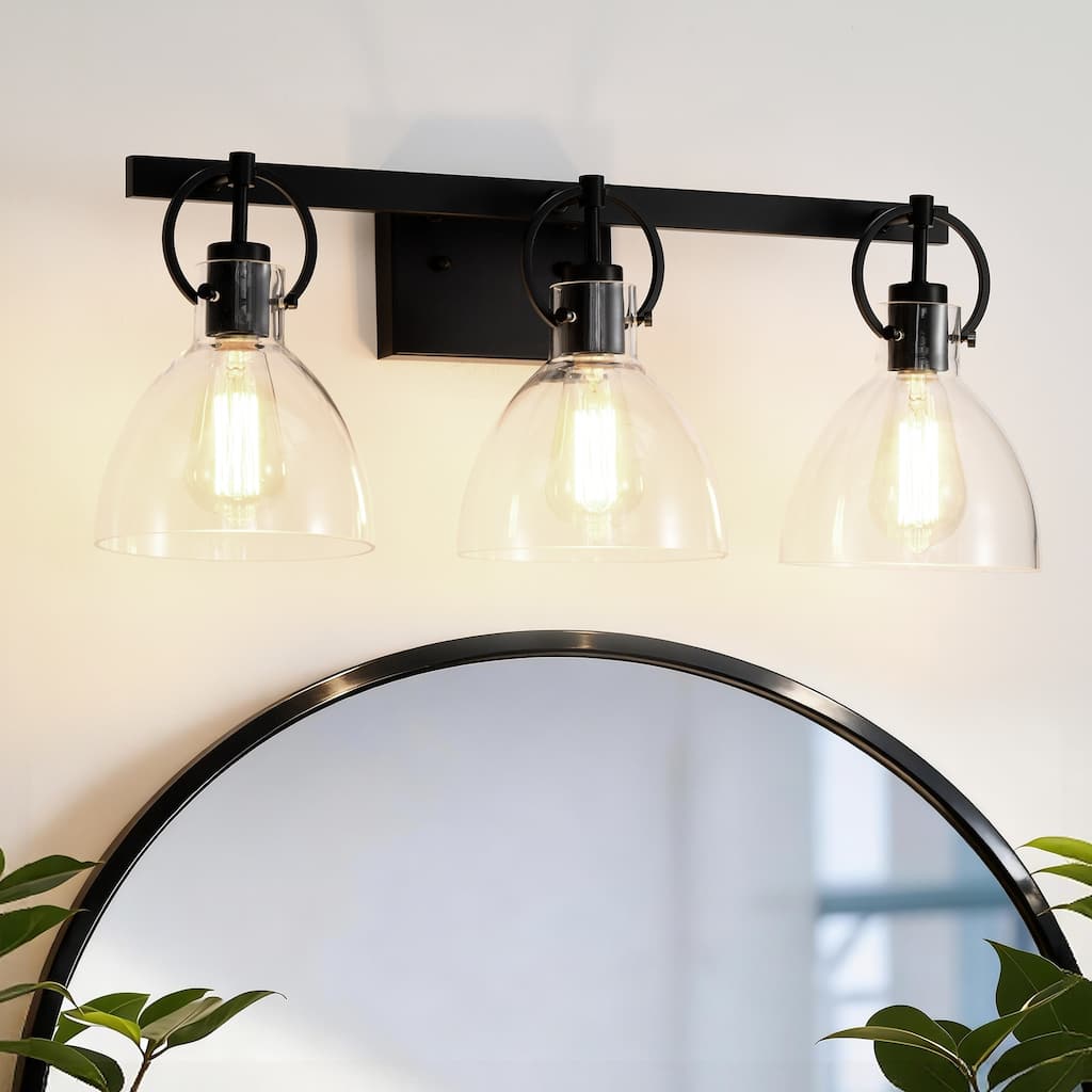 3-Light 25 in. Matte Black Vanity Light with Clear Glass Shades