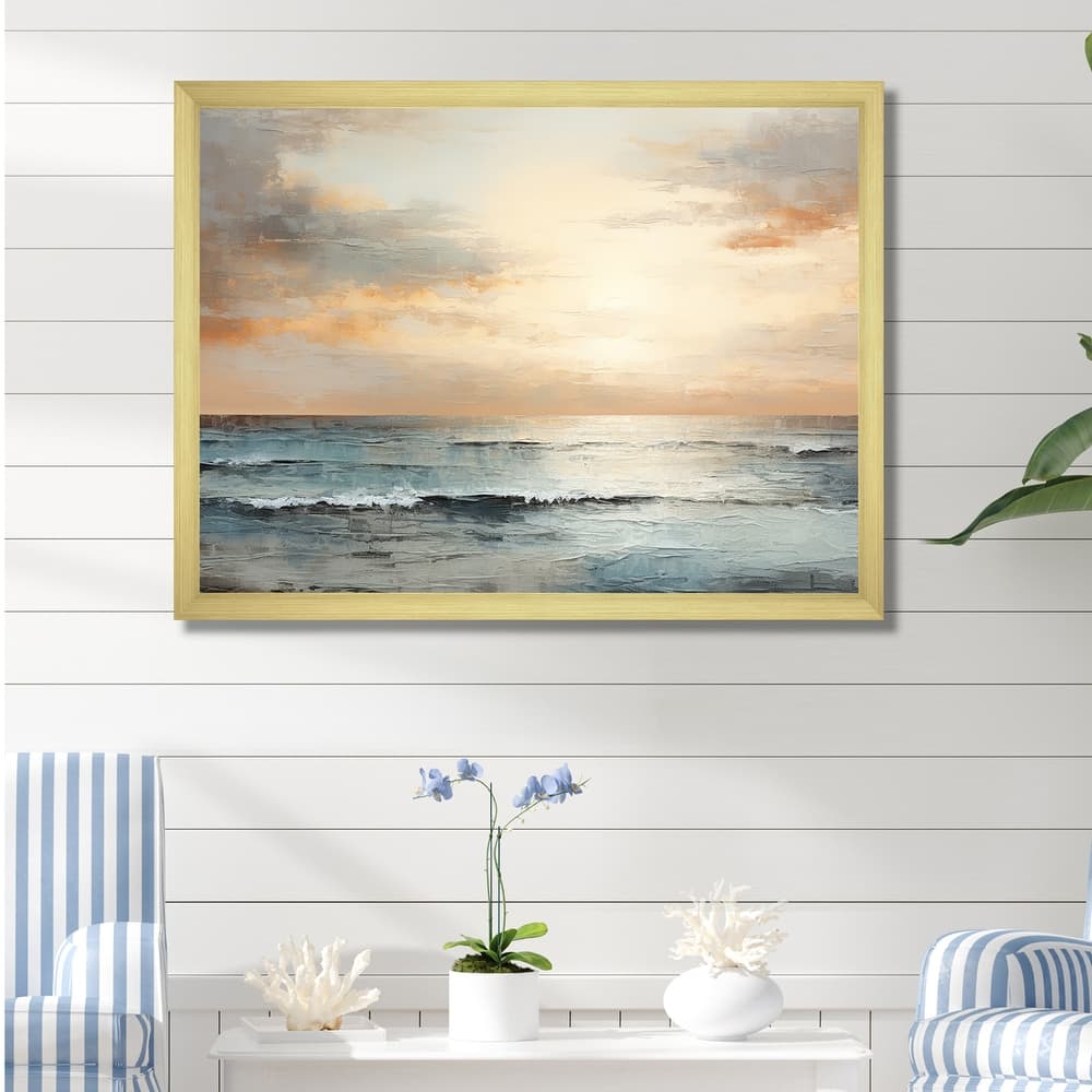 Designart "Beige And Golden Beach Sunset Paradise III" Coastal Sunset Framed Canvas Art Print