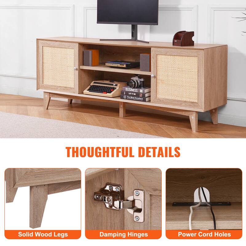 Rattan TV Stand, Mid Century Modern TV Stand, Boho Rattan TV Cabinet with Build-in Socket and USB Ports, Adjustable Shelfs